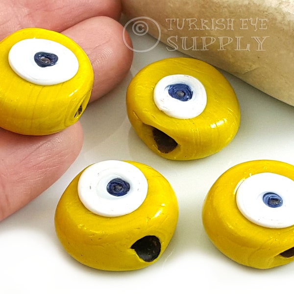 Yellow Evil Eye Bead, Turkish Artisan Handmade Glass Evil Eye Beads, Evil Eye Protective Amulet, 4Pc DG