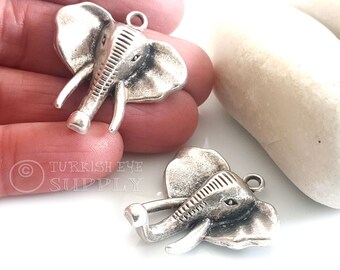 Silver Plated Elephant Head Pendant, Exotic Elephant Pendant, Silver Elephant Pendant, Turkish Jewelry, Silver Plated  Findings, 2pc