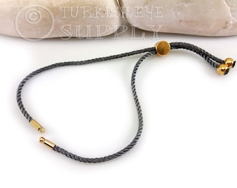 Cord Bracelet Blank, Gray Adjustable Bracelet Blank, Sliding Gold Clasp, Friendship Bracelet Blank, Cord Bracelet Connector, 2mm