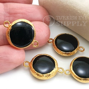 Onyx Black Jade Gemstone Connector, Gemstone Bracelet Findings, Gemstone Pendant, Hammered Gold Bezel Connector, 16mm Round Jade Connector