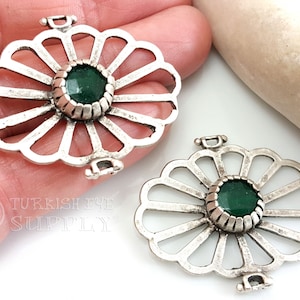 Emerald Green Jade Connector Pendant, Fretwork Oval Gemstone Connector, Silver Bracelet Connector, Silver Gemstone Pendant, 1Pc