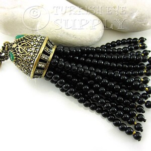 Black Gemstone Tassel, Jade Beaded Tassel, Antique Bronze Cap, Tassel Necklace Pendant, Gemstone Jewelry, Ottoman Jewelry