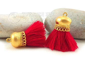 Red Tassel Charm, Short Cotton Tassel, Thread Tassel, 22k Gold Plated Cap, Tassel Bracelet, Tassel Necklace Jewelry, 2pc