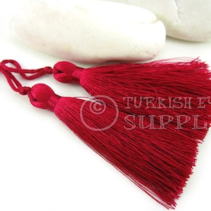 Borla de seda roja, borla turca, borla hecha a mano, borla de hilo de seda, accesorios para pendientes con borla, llavero con borla, borla mala (2 piezas, CC530)