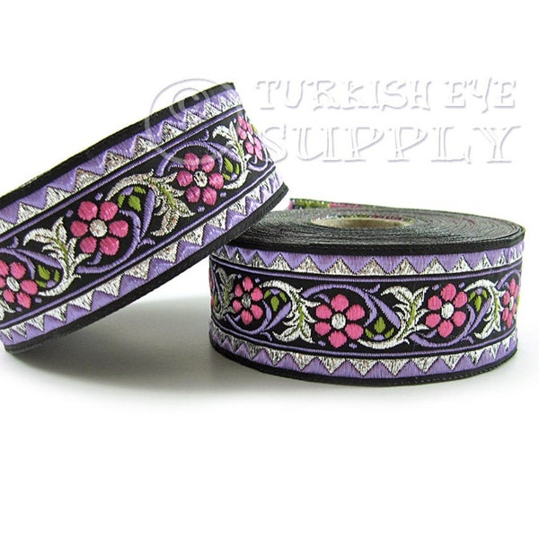 Floral Woven Border, Embroidered Ribbon, Sewing Trim Pink And Purple, Flower Jacquard Ribbon, Ethnic Ribbon, Jacquard Trim, 1m