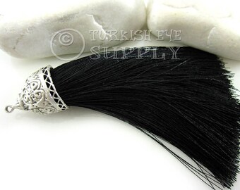 Borla negra grande, gorra plateada antigua, fornituras de borla de hilo de seda turco hecho a mano, collar con borlas, suministros de joyería, 1 pieza
