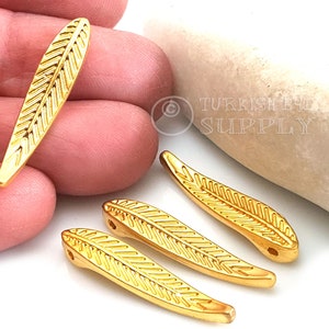 Gold Feather Charms, Leaf Beads, Large Feather Pendant, Gold Feather, Leaf Pendant, 22k Gold Plated, Leaf Jewelry Findings, 3Pc