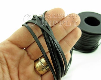 Black Leather Cord, 3mm Black Flat Leather Strip, Genuine Leather Strap, Wide Strap, Leather Lace, Leather Findings, Leather Bracelet, 1m