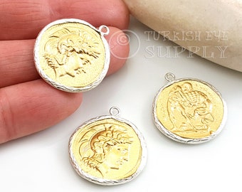 Gold Ancient Greek Coin Charm, Alexander Coin Charm, Silver Medallion Coin Pendant, 1pc