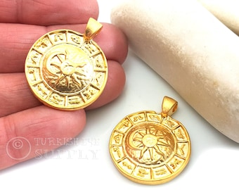 Pingente de horóscopo de ouro, pingente de zodíaco, pingente de constelação de ouro, banhado a ouro 22k, joia étnica, pingente de disco grande, 1 peça