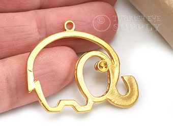 Large Gold Elephant Charm, Elephant Pendant With Cabochon Setting, Cutout Elephant, 22k Gold Plated Jewelry, Elephant Jewelry Findings, 2pc