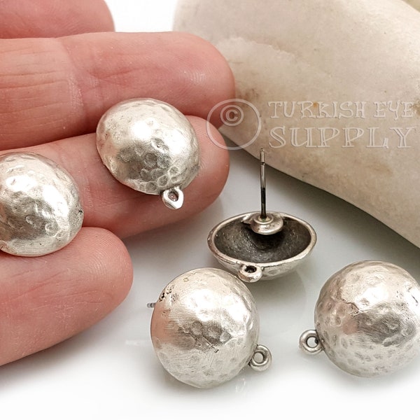 Silver Earring Post with Loop, Earring Component, Silver Earring Blanks, Dome Earring Posts, Post Earrings, Hammered Stud Earrings, 2 Pc