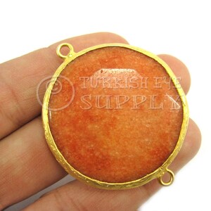 Gemstone Connector, Burnt Orange Faceted Gemstone Pendant, Gemstone Bracelet Findings, Gold Bezel Connector, 36mm Round Jade Connector
