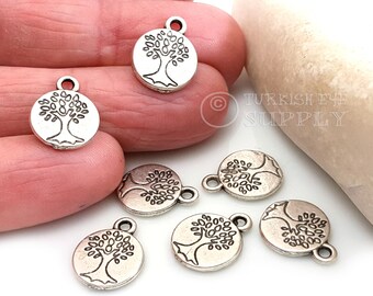 Charms dell'albero d'argento, Charms del disco dell'albero della vita, argento antico placcato, pendenti dell'albero mini, risultati di componenti di gioielli in argento, 15 Pc