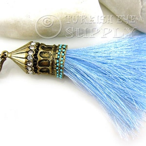 Sky Blue Silk Tassel, Antique Bronze Cap, Tassel Charm, Ornate Tassel Cap, Handbag Accessories, Tassel Jewelry, Tassel Necklace, GS, 1Pc