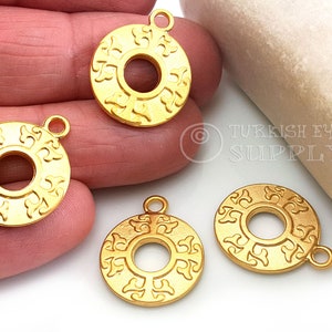 Gold Hoop Charms, Tribal Hoop Charms, Round Pendant, Gold Earring Charms, 22k Gold Plated,  Tribal Jewelry, Ethnic Charms, 4pc