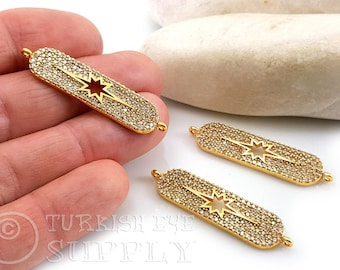Pave North Star Bar Connector, 22k Gold CZ Double Loop Bracelet Link, 1pc