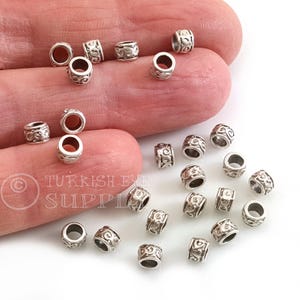 Antique Silver Plated Mini Tube Beads, Silver Spacer Beads, Large Hole Bracelet Beads, Tube Spacer Findings, 10 Pc