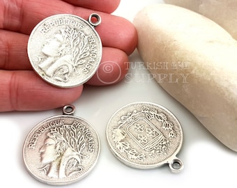 Large Silver Coin, Antique Silver Coin Pendant, French Medallion Pendant, Silver Medallion, Medallion Necklace, French Coin Pendant, 1 pc