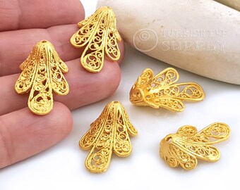 Tapas de cuentas cónicas de filigrana, tapas de cuentas chapadas en oro de 22 k, extremos de cuentas dorados, accesorios de oro, 2 piezas