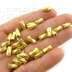 Mini Twisted Tube Beads, Gold Spacer Beads, Rectangular Tube Spacer, Rustic Beads, 22k Gold Plated Tube Beads, Bracelet Beading, 10pc