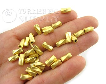 Mini Twisted Tube Beads, Gold Spacer Beads, Rectangular Tube Spacer, Rustic Beads, 22k Gold Plated Tube Beads, Bracelet Beading, 10pc