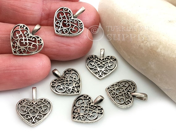 Silver Heart Charms, Mini Heart Pendant, Filigree Heart Charms