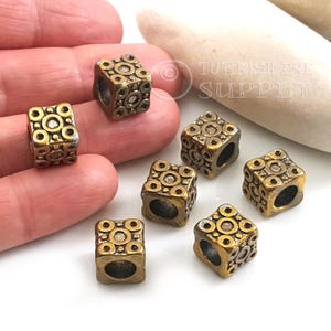 Antique Bronze Plated Large Cube Beads, Tribal Bronze Spacer Beads, Large Hole Beads, 4Pc