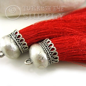 Red Tassel Pendant, Handmade Silk Thread Tassel, Silver Tassel Necklace, Silver Tassel Charms, Tassel Earring Findings, Tassel Jewelry, 1pc