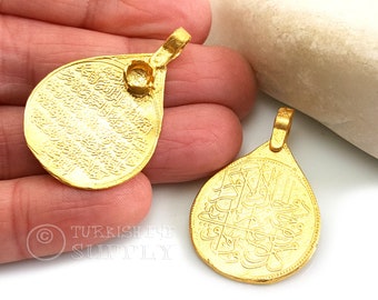 Teardrop Medallion Pendant, Arabic Calligraphy Pendant, Turkish Coin Pendant, 22k Gold Plated, Turkish Jewelry, 1Pc