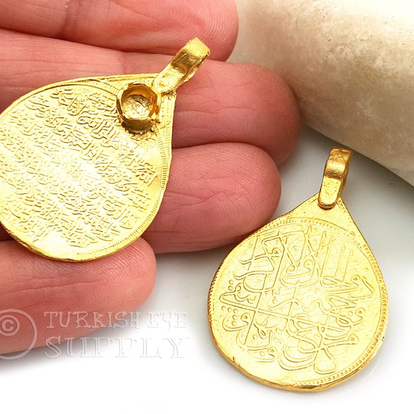 Teardrop Medallion Pendant, Arabic Calligraphy Pendant, Turkish Coin Pendant, 22k Gold Plated, Turkish Jewelry, 1Pc