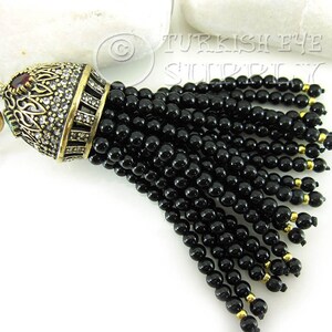 Black Gemstone Tassel, Jade Beaded Tassel, Antique Bronze Cap, Tassel Necklace Pendant, Gemstone Jewelry, Ottoman Jewelry
