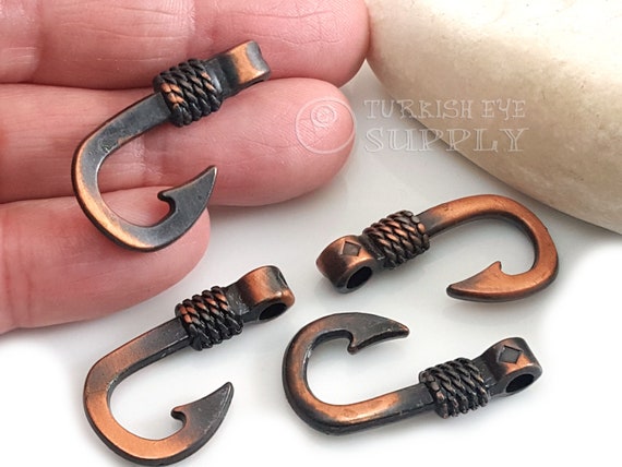 Copper Fish Hook Charms, Bracelet Hook Clasp Findings, 5pc 