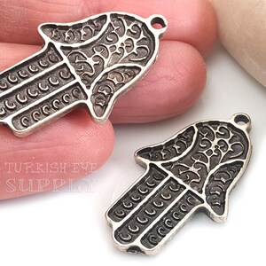 Silver Hamsa Charms, Silver Hand Charm, Silver Hamsa Findings, Hand of Fatima, Large Silver Hamsa Pendant, Hamsa Jewelry Findings, 2Pc