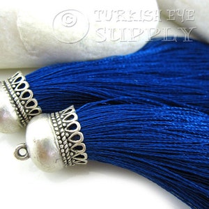 Blue Tassel Pendant, Handmade Silk Thread Tassel, Silver Tassel Necklace, Tassel Charms, Tassel Earring Findings, Tassel Jewelry, 1pc