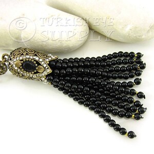 Onyx Black Gemstone Tassel, Jade Beaded Tassel, Antique Bronze Cap, Tassel Necklace Pendant, Gemstone Jewelry, Ottoman Jewelry