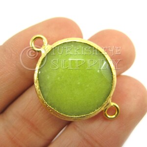 Peridot Green Gemstone Connector, Gemstone Bracelet Findings, Faceted Gemstone Pendant, Gold Bezel Connector, 22mm Round Jade Connector