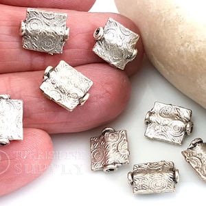 Silver Rectangle Spacer Beads, Tribal Bead Spacer, Etched Patterned Spacer, Silver Plated, Slide Through Charm, Silver Bracelet Beads, 6pc