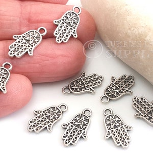 Tiny Hamsa Charms, Mini Silver Hand Charms, Antique Silver Plated Hamsa Charms, Silver Hamsa Pendant, Hamsa Jewelry, 10 pc