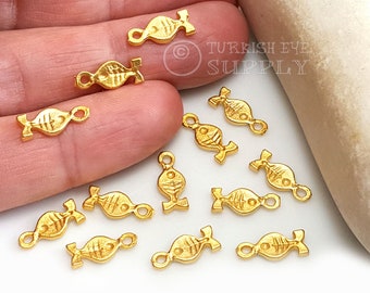 Tiny Fish Charms, Mini Fish Charms, Gold Drop Charms, 22k Gold Plated Fish Charms, Bracelet Components, Gold Findings, Bracelet Charms 10pc