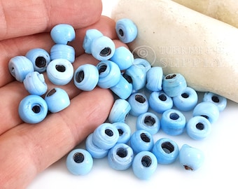 Sky Blue Round Glass Beads, Artisan Handmade Glass Beads, Evil Eye Beads, Traditional Turkish Beads