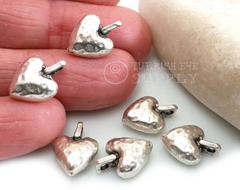 Silver Heart Charms, Hammered Heart Charms, Chunky Heart Charm, Mini Heart Charms, Silver Heart Pendant, Silver Plated, Turkish Jewelry, 5Pc