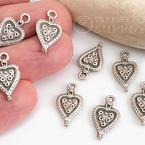 Silver Heart Charms, Tribal Rustic Heart Charms, Antique Silver Plated Jewelry Findings, 8Pc