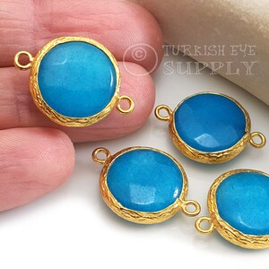 Topaz Blue Gemstone Connector, Gemstone Bracelet Findings, Gemstone Pendant, Hammered Gold Bezel Connector, 16mm Round Jade Connector
