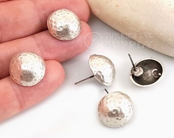 Silver Earring Post with Loop, Silver Earring Blanks, Dome Earring Posts, Hammered Stud Earrings, 2 Pc