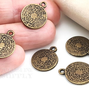 Mini Greek Phaistos Disc Charms, Antique Bronze Plated Greek Coins, Ancient Minoan Cretan, Bronze Disc Charms, 4 pc