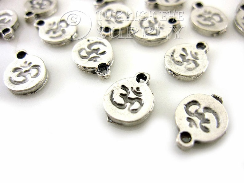 Bali Charms Yoga Charms Tiny Om Drop Charms Chakra Charms Silver Om Charms Rustic Silver Tibetan Jewelry 10 pc Round Om Symbol