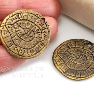 Greek Phaistos Disc, Rustic Greek Coin Pendant, Bronze Medallion, Medallion Necklace, Ancient Greek Coin, Large Bronze Coin Pendant, 1 pc