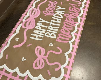 Custom Hand-Painted Birthday Party Banner, Coquette bow, Bow birthday, Girly party sign, Kraft paper banner, Backdrop, Party sign