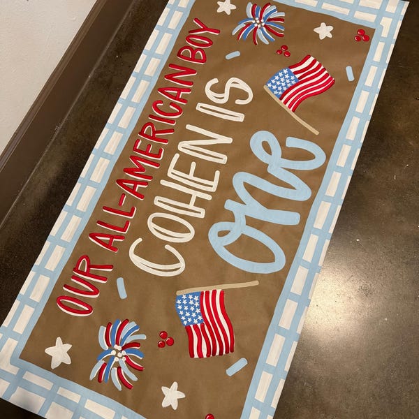 Custom Hand-Painted Birthday Party Banner All American Boy Party Red White Blue July 4th Birthday Banner